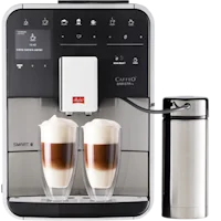 Melitta® Barista TS Black and Silver FAM with two latte machiato next to thermo milk container 6761417 
