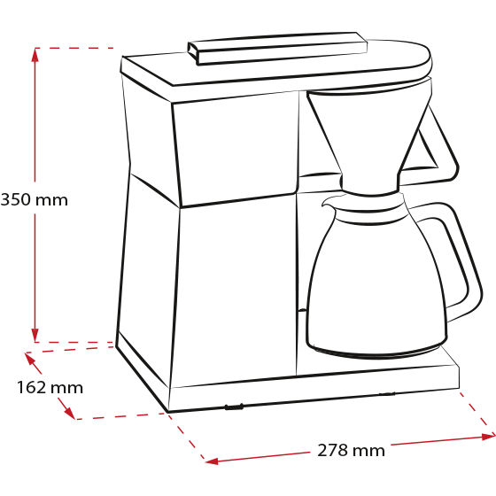Melitta® Excellence 5 Filter Coffee Maker Product sketch with dimensions and measures white background 6760731