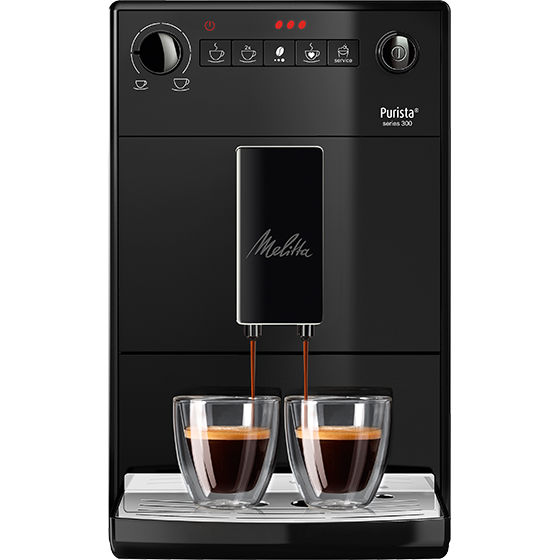 Melitta® Kaffeevollautomat Melitta Purista Pure Black 6771312 1 – Front view of minimalistic all-black machine with chrome spout