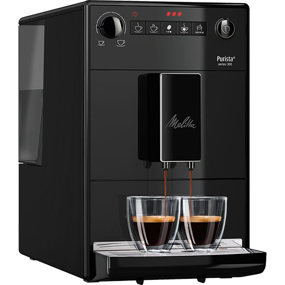 Melitta® Kaffeevollautomat Melitta Purista Pure Black 6771312 2 – Compact black design with digital buttons and dual outlet nozzles